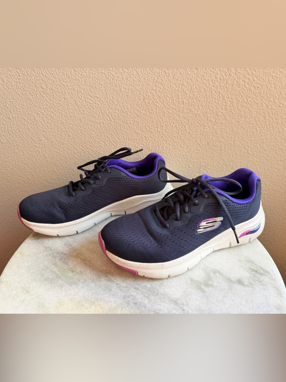 Women’s Skechers Arch Fit Infinity Comfort Mesh Sneaker Navy and purple